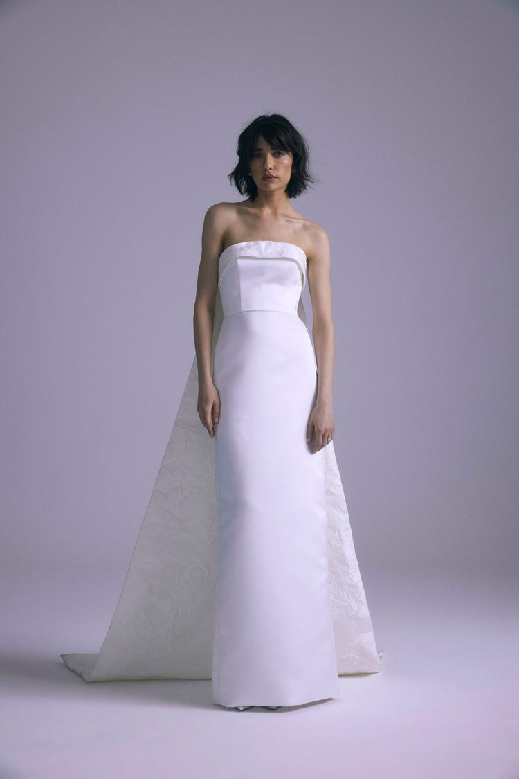 Amsale_Bridal_PETRA_A853_ItalianDoubleFaceDuchessSatin_Strapless_FloralJacquard_DoubleWatteau_Train_ColumnGown_Front1_1
