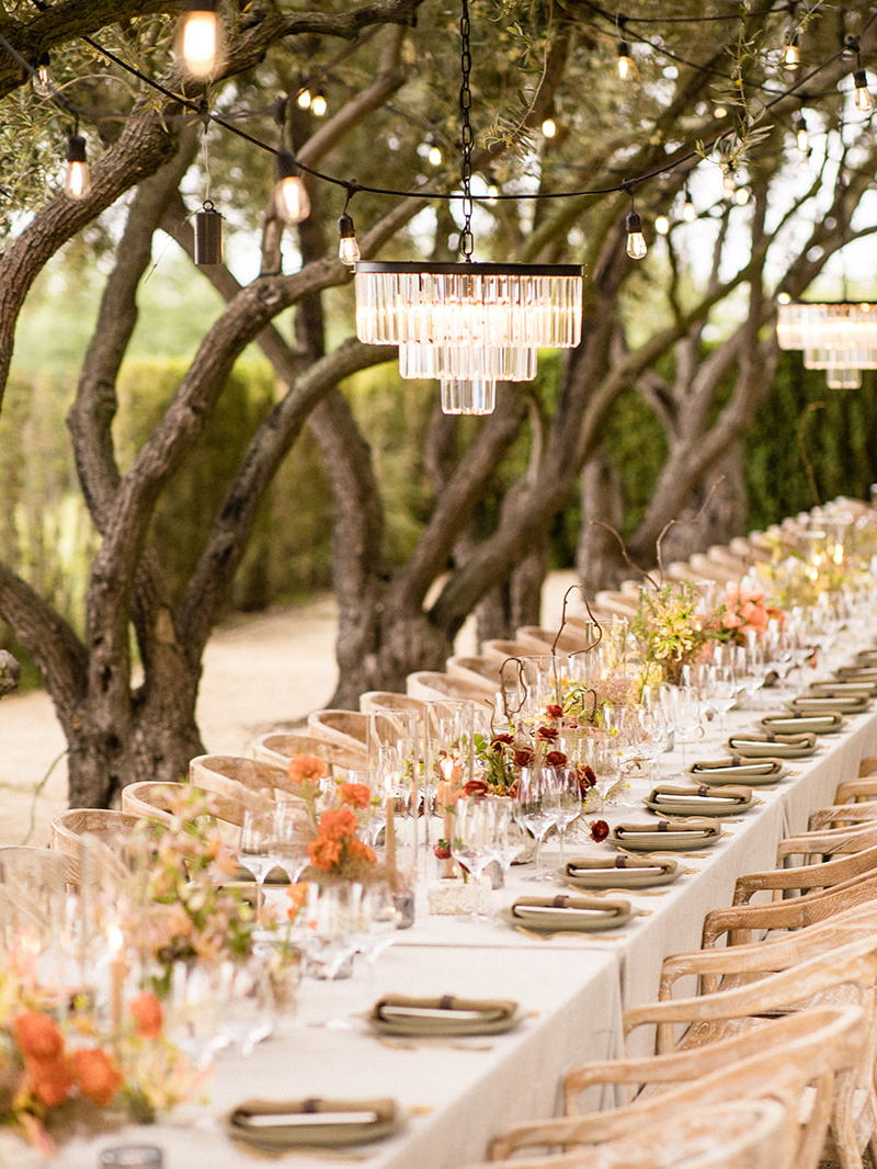 An elegant outdoor dining setup features a long, white-clothed table adorned with floral centerpieces and neatly arranged place settings. Wooden chairs line the table beneath a canopy of trees, with string lights and chandeliers adding a warm ambiance.